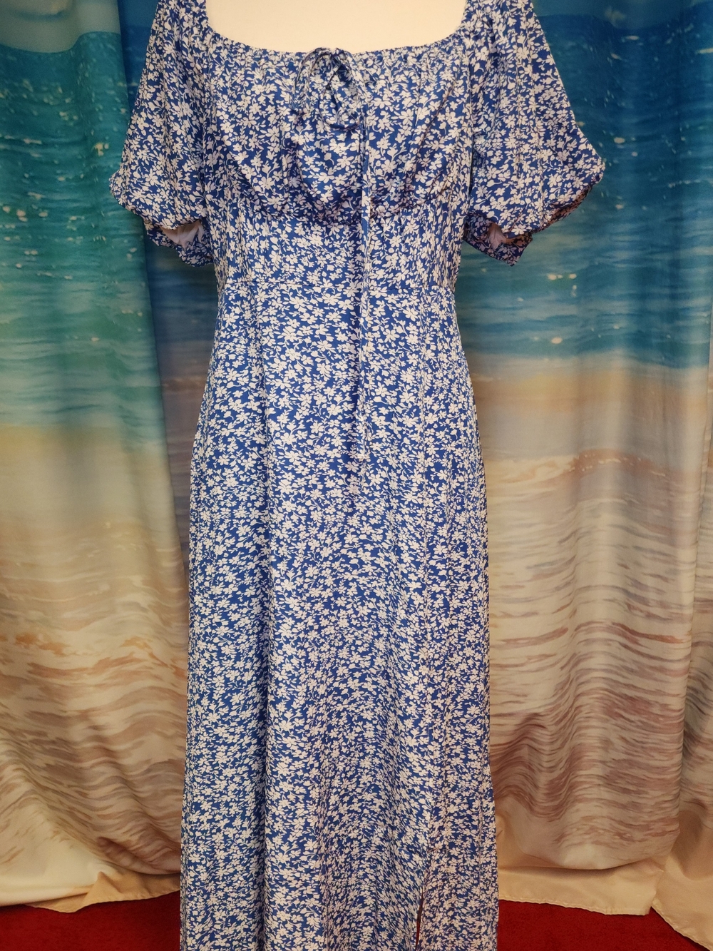 Blue Floral Maxi Dress with Tie-Neck and Short Puff Sleeves